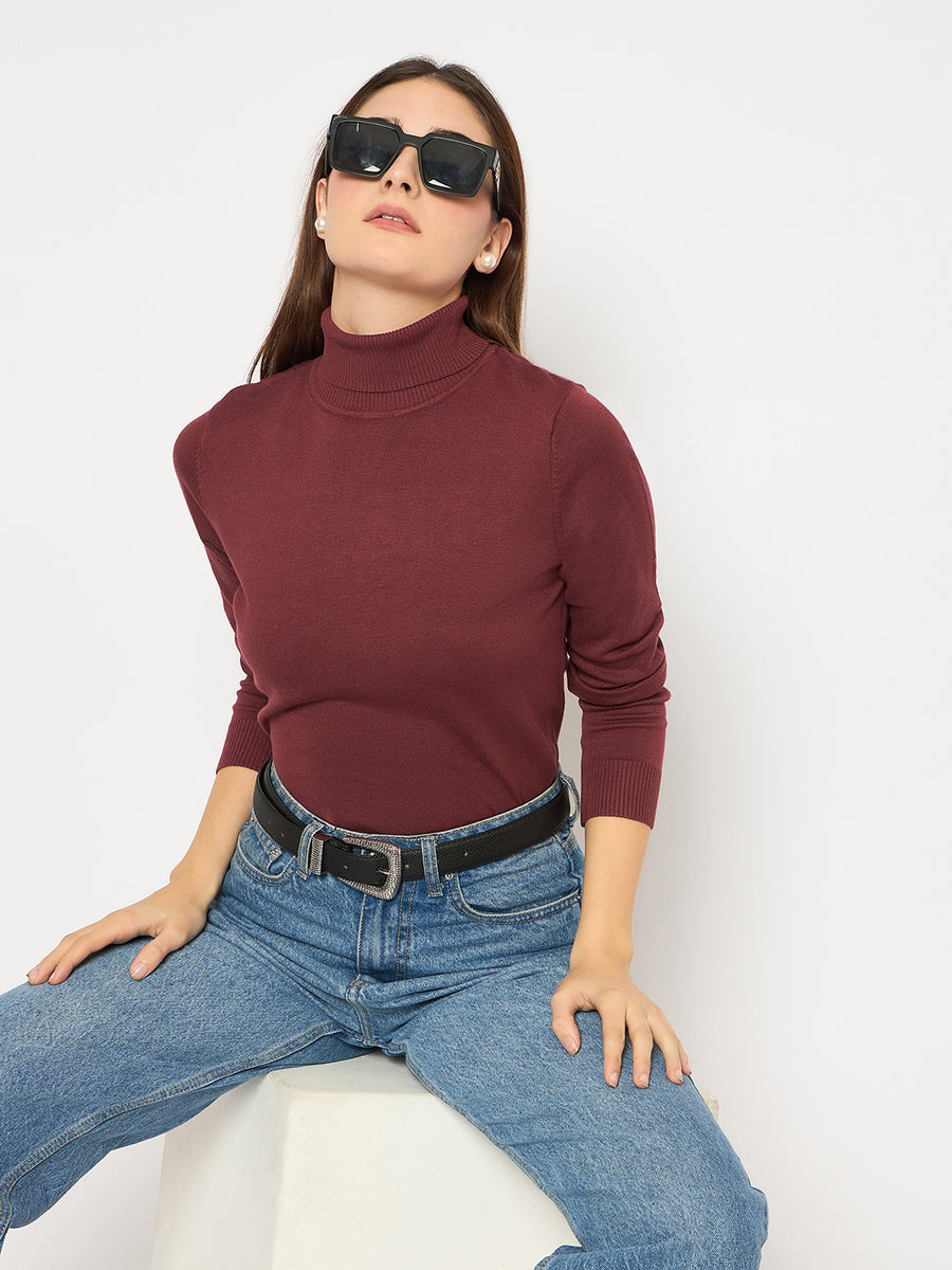 Madame Turtle Neck  Ribbed Cuff Wine Red Sweater