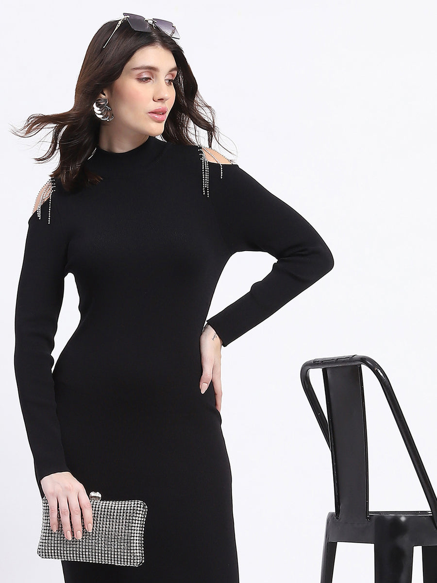 Madame Rhinestone Embellished Cold Shoulder Black Midi Dress