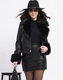 Madame Fur Lapel And Cuffs Wrap Black Short Coat