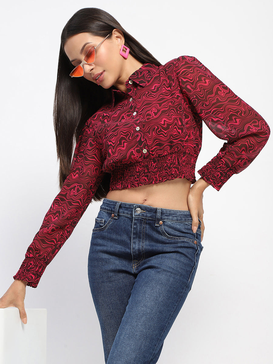 Madame Cinch Waist Marble Print Hot Pink Crop Shirt