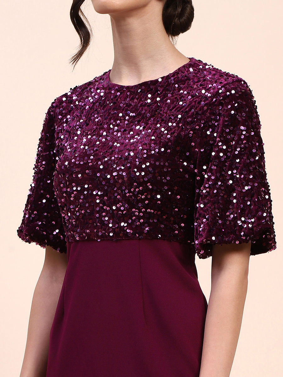 Camla Barcelona Sequin Embellished Plum Sheath Dress