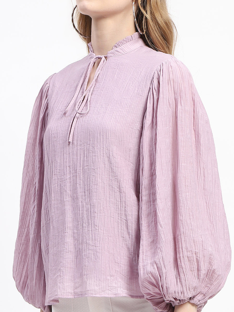 Madame Mock Neck Solid Mauve Cotton Blend