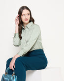 Madame Embellished Shirt Collar Solid Green Shirt