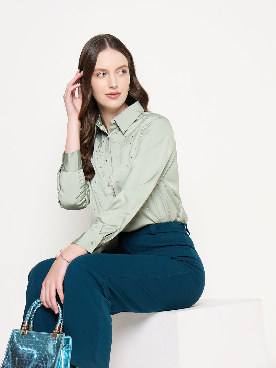 Madame Embellished Shirt Collar Solid Green Shirt