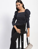 Madame Gathered Shimmery Square Neck Navy Top