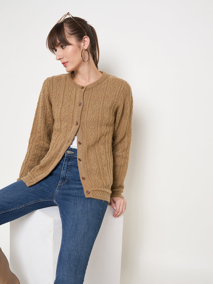 Madame Solid Camel Cable Knit Cardigan