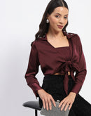 Madame Embellished Collar Front Knot Two Piece Maroon Crop Shirt