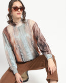 Madame Marble Print Full Sleeve Mock Neck Brown Top