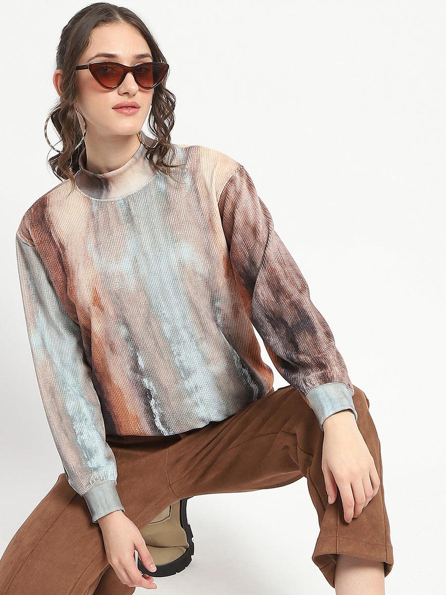 Madame Marble Print Full Sleeve Mock Neck Brown Top