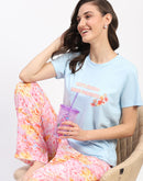 mSECRET Typography Adorned Sky Blue T-shirt with Floral Print Pyjama Nightsuit Set