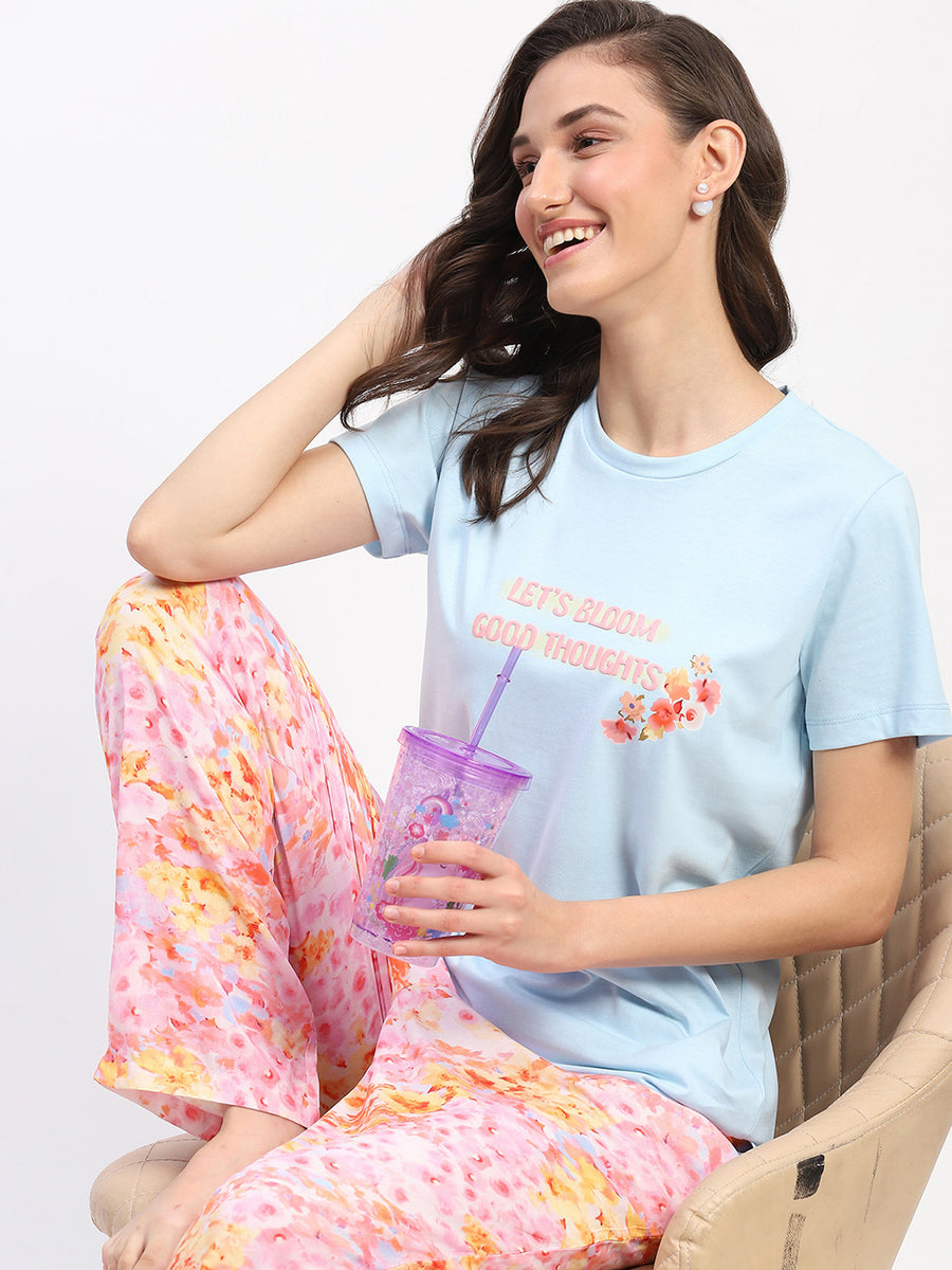 mSECRET Typography Adorned Sky Blue T-shirt with Floral Print Pyjama Nightsuit Set