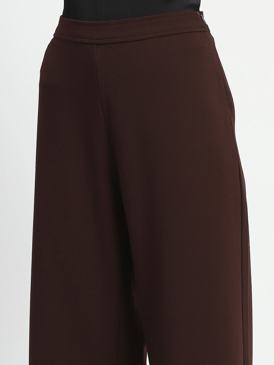 Madame Straight Fit Elasticated Waist Solid Coffee Trousers