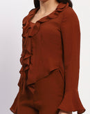 Madame Solid Rust Ruffle Neck Bell Sleeve Top