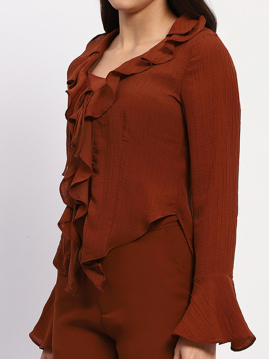 Madame Solid Rust Ruffle Neck Bell Sleeve Top