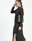 Madame Black Textured Bodycon Dress with Long Sleeves