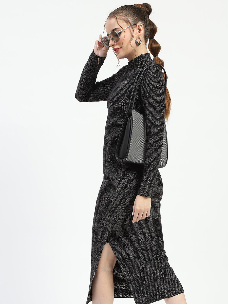 Madame Black Textured Bodycon Dress with Long Sleeves