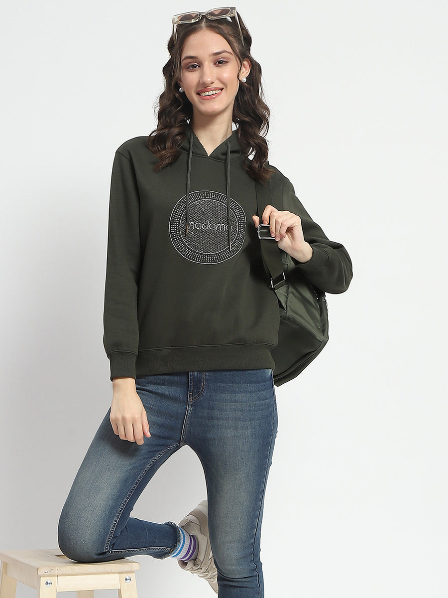 Madame Abstract Print Hooded Olive Cotton Sweatshirt