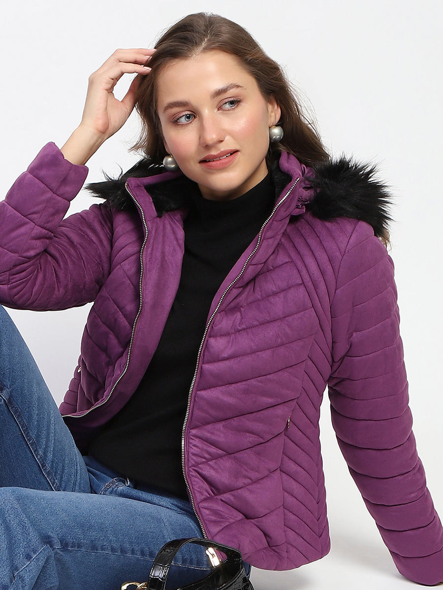 Madame Fur Hooded Purple Quilted Jacket