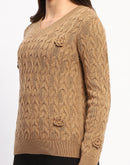 Madame Cable Knit Applique Flower Khaki Sweater