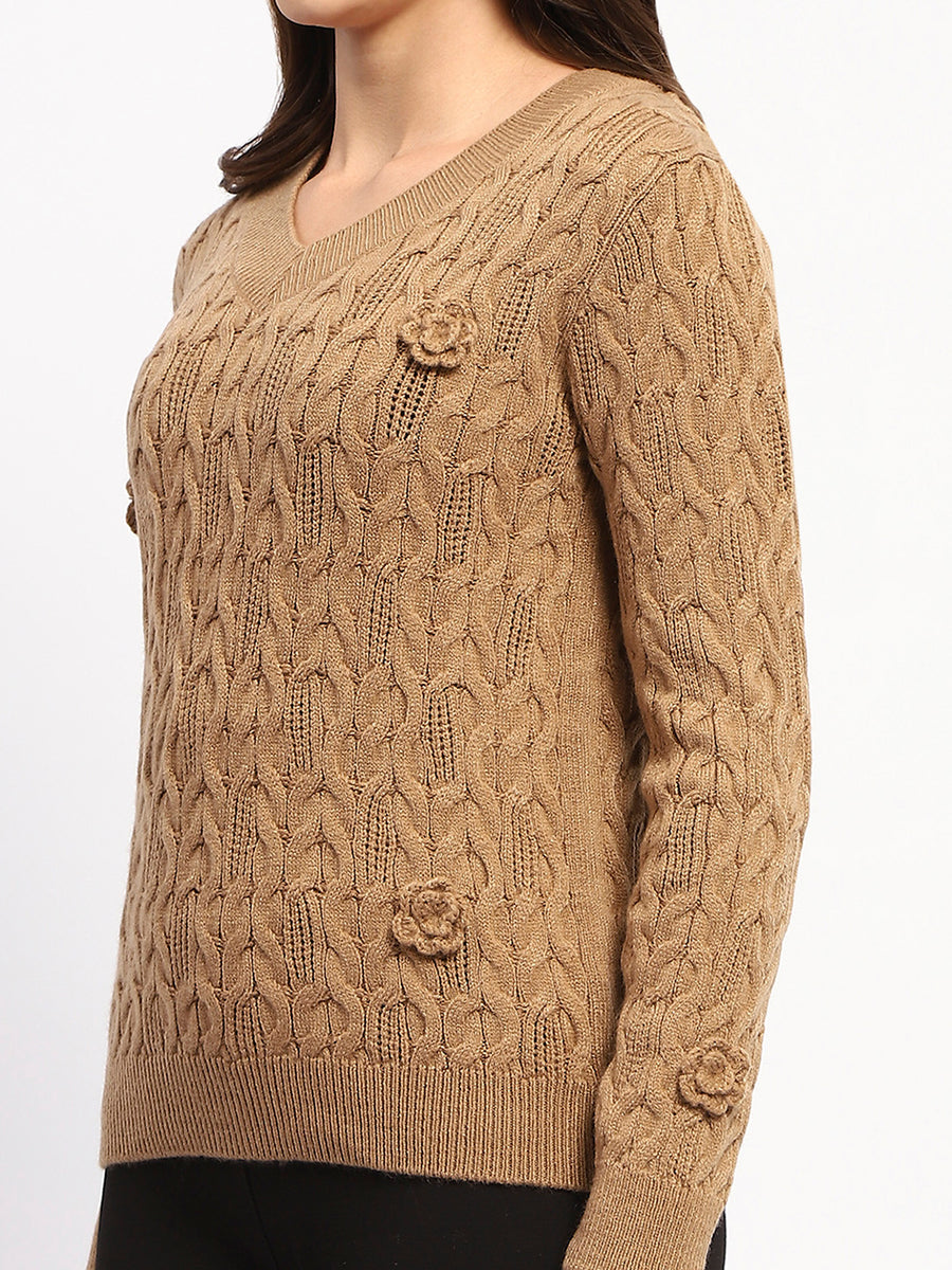 Madame Cable Knit Applique Flower Khaki Sweater