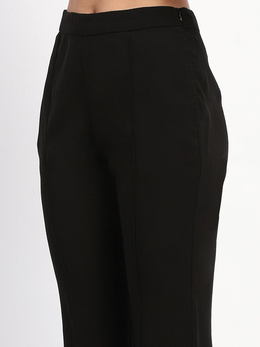 Madame Pleated Solid Black Flared Trousers