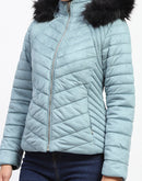 Madame Fur Hooded Sea Green Puffer Jacket