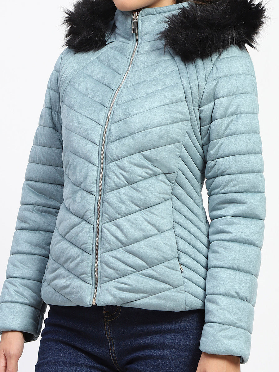 Madame Fur Hooded Sea Green Puffer Jacket