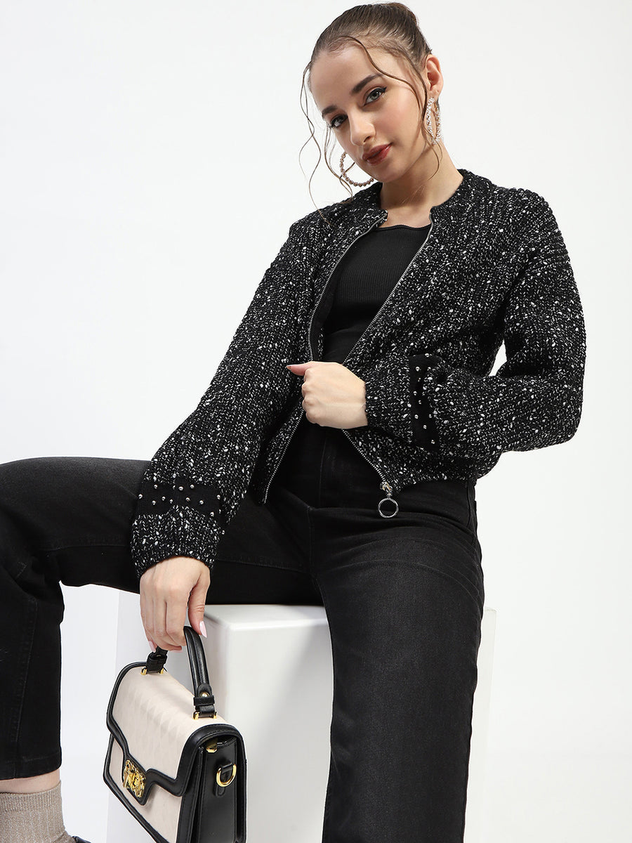 Madame Black Speckled Pullover Sweater with Half-Zip