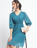 Madame Shimmery Tiered Belted Waist Teal Midi Dress