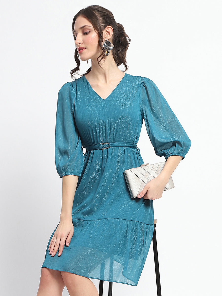 Madame Shimmery Tiered Belted Waist Teal Midi Dress