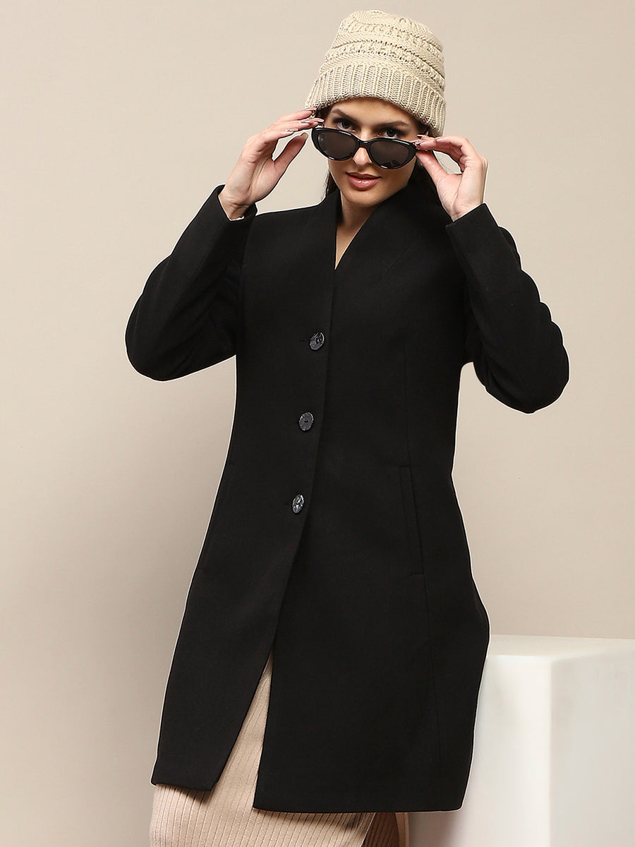 Madame Melange Side Inseam Pocketed Black Long Coat