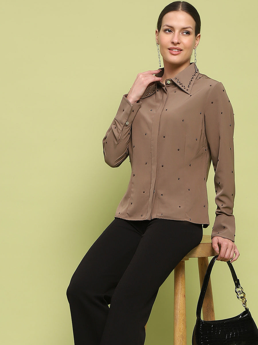 Madame Allover Embellished Brown Shirt