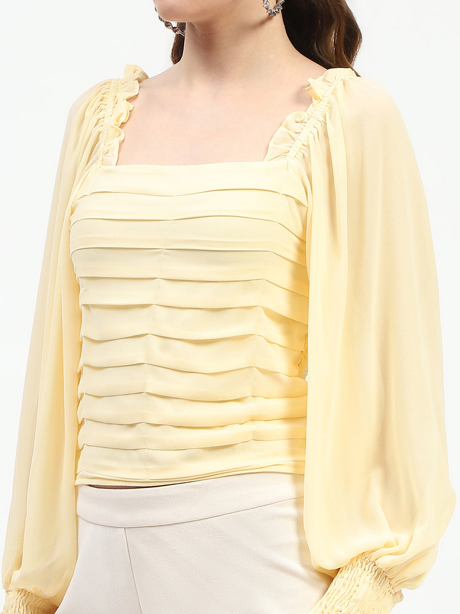 Madame Ruched Layered Square Neck Bishop Sleeve Yellow Top