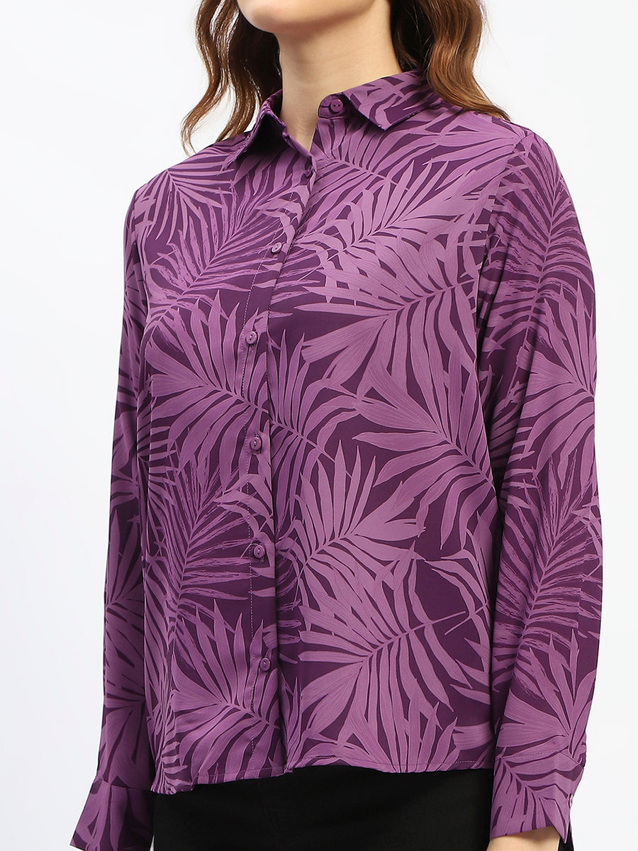 Madame Leaf Print Button-Down Purple Shirt