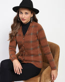 Madame Striped Brown V-Neck Buttoned Cardigan