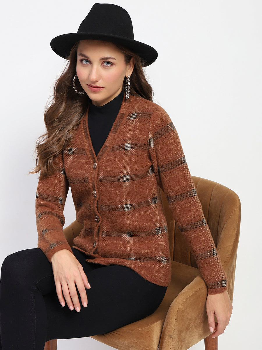 Madame Striped Brown V-Neck Buttoned Cardigan