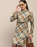 Madame Front Buckle Detailed Check Printed Beige Midi Dress