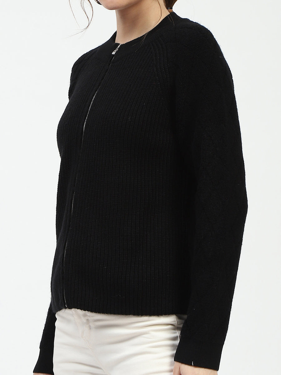 Madame Black Ribbed Zip-Up Sweater