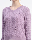 Madame Cable Knit Applique Flower Mauve Sweater