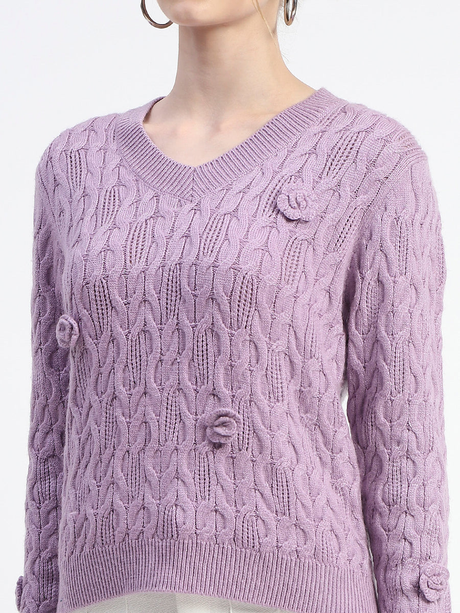 Madame Cable Knit Applique Flower Mauve Sweater