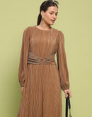 Madame Pleated Front Buckle Detailed Solid Golden Maxi Dress