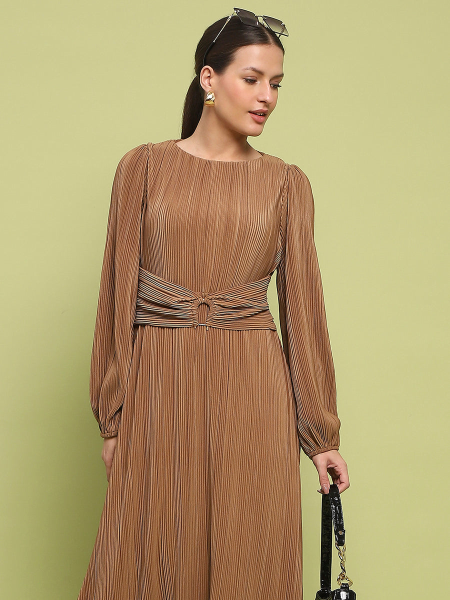 Madame Pleated Front Buckle Detailed Solid Golden Maxi Dress