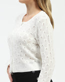 Madame Textured Round Neck Off White Zip Up Knit Top