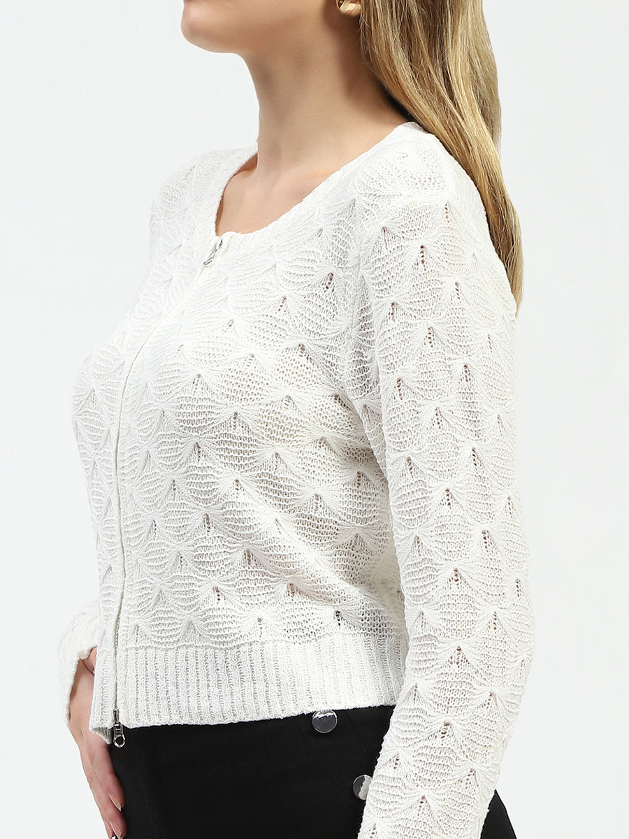 Madame Textured Round Neck Off White Zip Up Knit Top