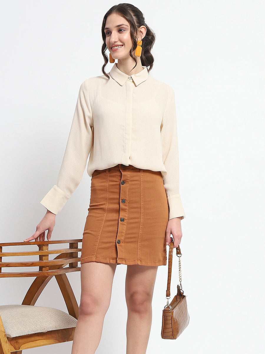 Madame Embellished Button Down Solid Beige Shirt Collar Shirt