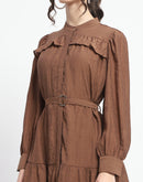 Madame Buckle Detailed Solid Chocolate Brown Shirt Dress