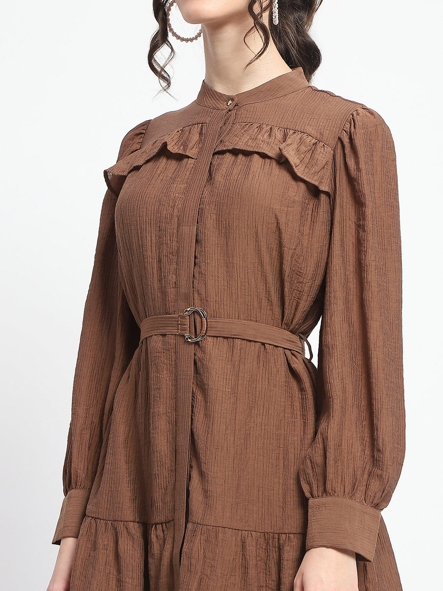 Madame Buckle Detailed Solid Chocolate Brown Shirt Dress