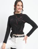 Madame Abstract Print Sleeve Crew Neck Black Top