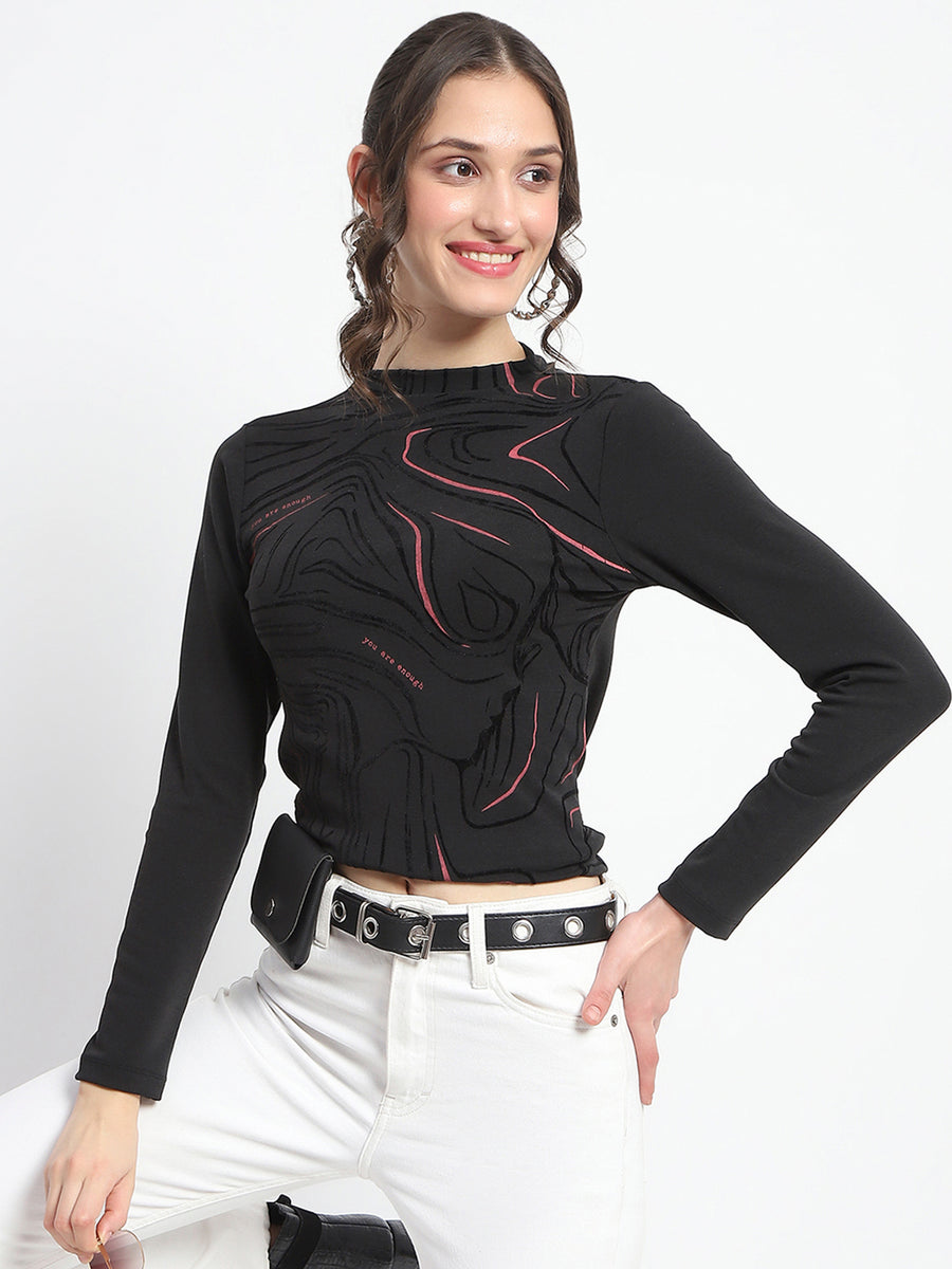 Madame Abstract Print Sleeve Crew Neck Black Top