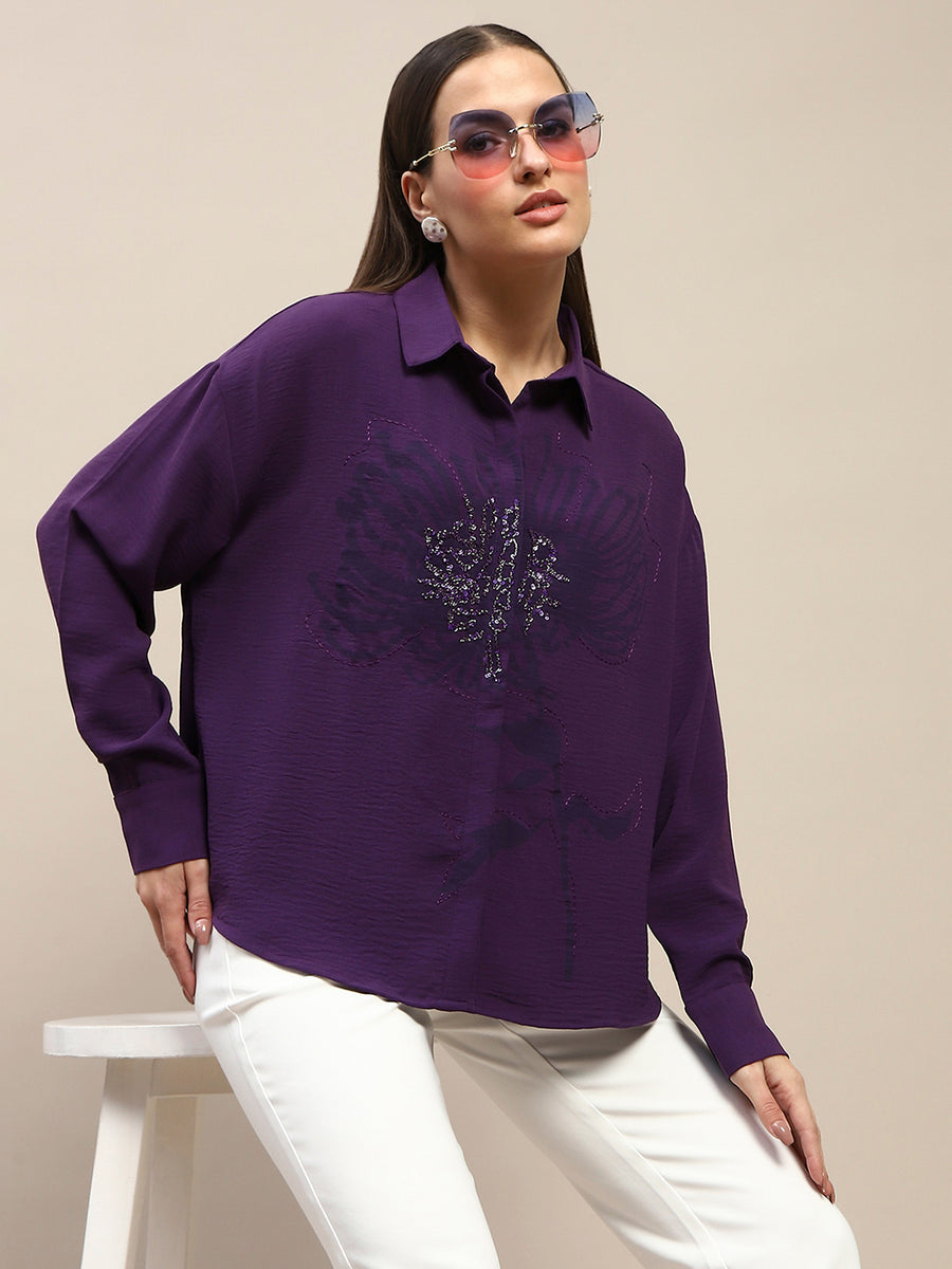 Madame Purple Print Sequin Embellished Shirt